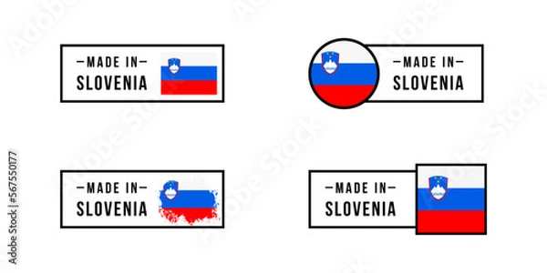 Fototapeta Set of sticker Made in Slovenia. Design labels with Slovenia flag for packaging, Factory, manufacturing and production country. Vector