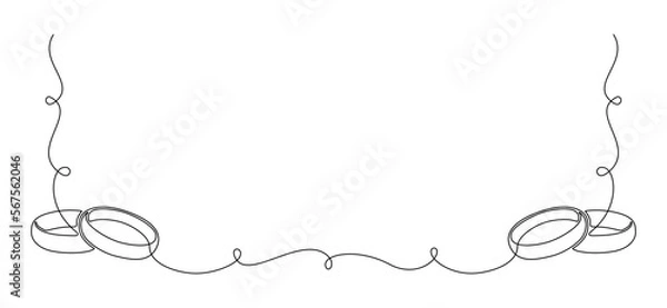 Fototapeta One continuous line drawing of Wedding rings. Romantic elegance invitation design and symbol proposal engagement and love marriage in simple linear style. Editable stroke. Doodle vector illustration