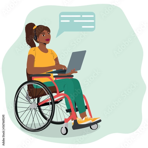 Fototapeta Young woman in wheelchair works on laptop. Online work. Inclusivity concept. Cartoon character, freelancer, student. Vector illustration