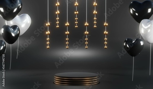 Fototapeta 3d render of abstract realistic studio room with Luxury round pedestal stand podium with golden glitter in shape backdrop. Luxury black friday sale scene for product display presentation background