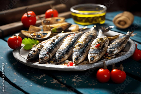 Fototapeta Sardinhas assadas na brasa com pimentos azeite e pão. Comida tradicional portuguesa, típico festas populares, santos populares portugal. ai generative