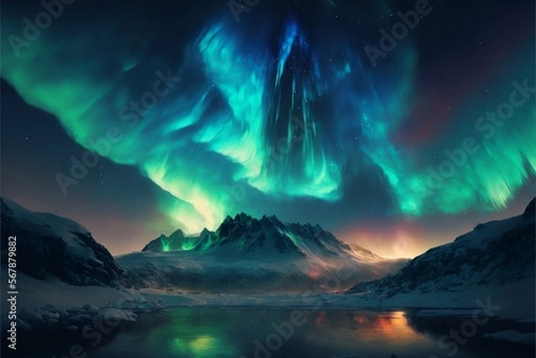 Fototapeta vivid green colored aurora in dark sky landscape illustration, great for posters, travel background.