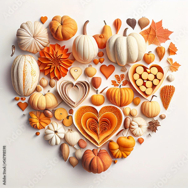 Fototapeta Group of pumpkins be arrange in heart shape on white background. Healthy love food. Vegan lover.