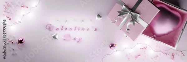 Fototapeta Happy Valentine's Day holiday web banner with 3d pink air balloons and confetti glowing garlands.