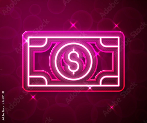 Fototapeta Glowing neon line Stacks paper money cash icon isolated on red background. Money banknotes stacks. Bill currency. Vector