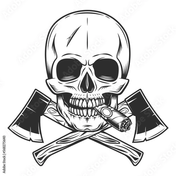 Fototapeta Skull smoking cigar or cigarette smoke and crossed metal ax with handle made of wood. Wooden axe construction builder tool. Element for business woodworking or lumberjack emblem or icon.