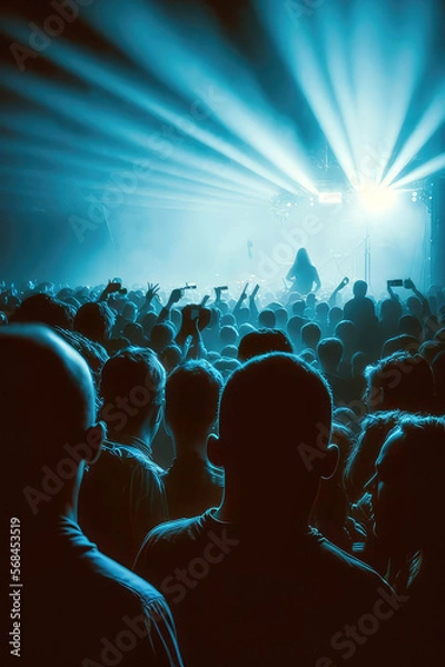 Fototapeta crowd of people dancing, concert crowd in front of bright blue stage light, generative ai