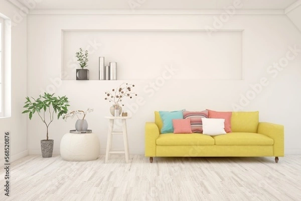 Fototapeta White living room with sofa. Scandinavian interior design. 3D illustration