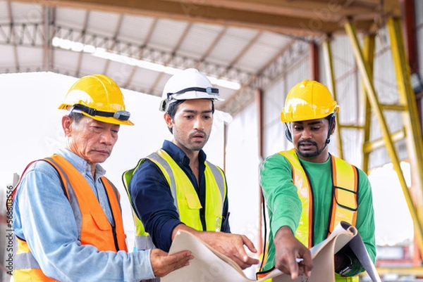 Fototapeta At construction site engineer check drawing correctness concrete mold before pouring concrete