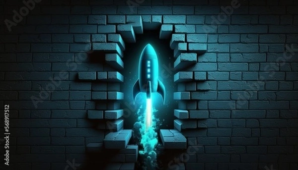 Fototapeta Background with brick wall, rocket and blue neon lights. Generative AI