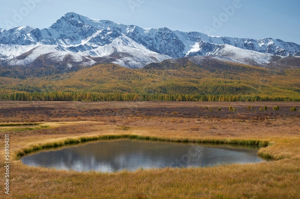 Obraz View on Altai lake Dzhangyskol and mountain plateau Eshtykel. North Chui ridge. Russia.