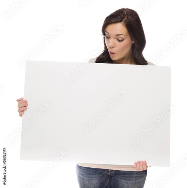 Fototapeta Mixed Race Female Holding Blank Sign on White.