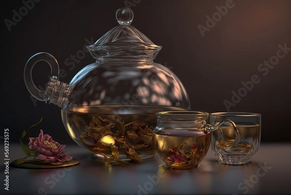 Fototapeta  a glass tea pot and two cups filled with tea on a table next to a plate with a flower on it and a glass tea pot with a lid.  generative ai