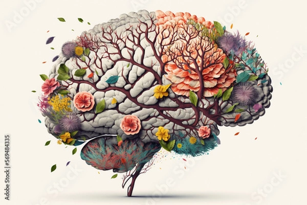 Fototapeta Human brain with spring flowers, symbolising mental health and self care concept, positive thinking, creative mind, positive ideas. Ai generated