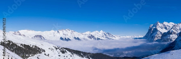 Fototapeta スイスアルプスの美しい雪山、雪山が続く山岳地帯、晴天の中の広大な雪原、世界的なスキー場,険しい山