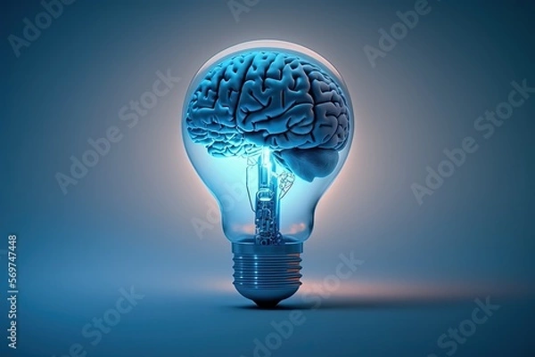 Fototapeta Illustration of light bulb with brain, ideas and creativity concept, blue background. Generative AI