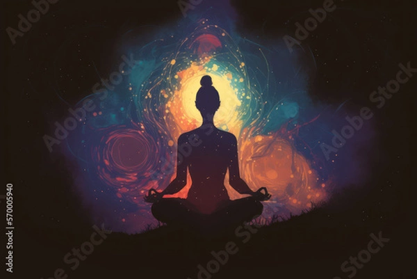 Fototapeta Woman meditating in front of night sky, symbolizing harmony and connectedness with the universe - AI generated