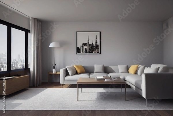 Fototapeta Elegant and comfortable designed living room with big corner sofa. Interior design modern apartment. Generative AI.