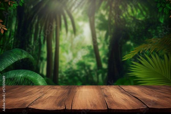 Fototapeta Wooden table in front of jungle background. Generative ai.