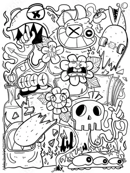 Fototapeta Hand-drawn illustrations, monsters doodle, Hand drawn cartoon monster illustration, Cartoon crowd doodle hand-drawn pattern, Doodle style.