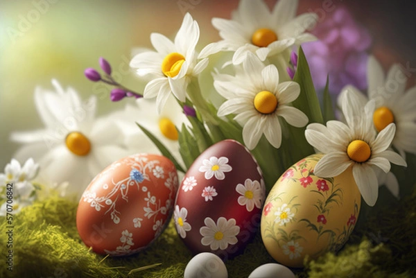 Fototapeta Easter composition made with easter eggs and flower decor. Created with Generative AI technology.