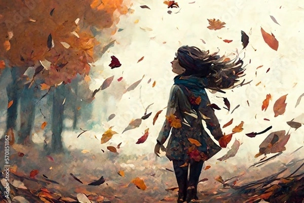 Fototapeta Girl in autumn park. Falling leaves. Art.