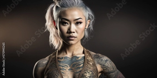 Fototapeta Asiatisches hübsches Top Model mit Tattoo im Portrait, ai generativ