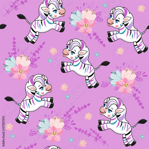 Fototapeta Cute zebra with colorful stripes and flowers seamless pattern on a purple background. Vector cartoon illustration