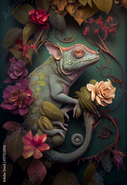 Fototapeta Chameleon lizard with colorful flowers sitting on branch. Creative art portrait. Generative AI