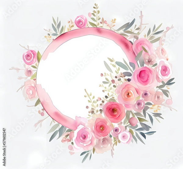 Fototapeta a circle frame shape with pink watercolor roses & flowers - beautiful mother's day or wedding illustration - drawing - generative ai - valentines day background - oil painting