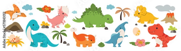 Fototapeta Cute dinosaurs vector set. Hand drawn doodle triceratops, stegosaurus, tyrannosaurus, diplodocus, pterosaur. Dinosaur comic character design for kids, print, clothes, poster, education, edutainment.