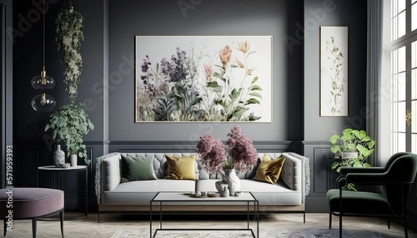 Fototapeta Modern interior design, in a spacious room, next to a table with flowers against a gray wall. Bright, spacious room with a comfortable sofa, plants and elegant accessories. generative ai