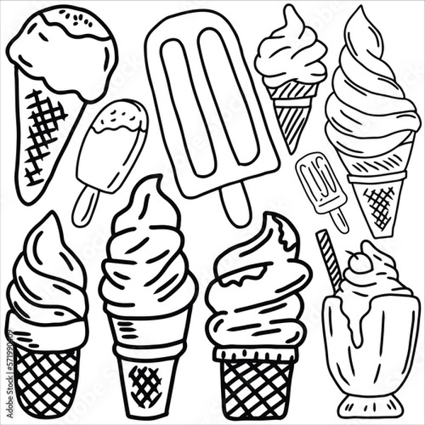 Fototapeta Ice cream doodle icon set vector illustration. Suitable for sticker pack, icon, logo, and graphic design elements.