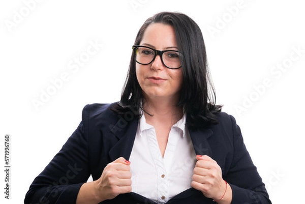 Fototapeta Proud female entrepreneur revealing white shirt as hero concept