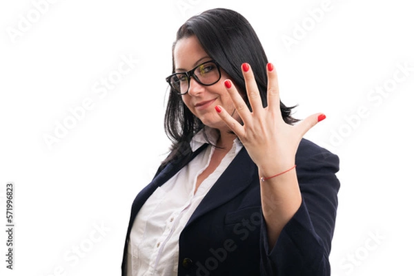 Fototapeta Friendly businesswoman showing number five with copyspace