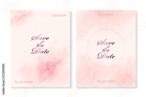 Fototapeta Set of cover templates for romantic events on pink watercolor backgrounds. For wedding invitations, greeting cards, covers, business cards, social media and other projects. For web and print.