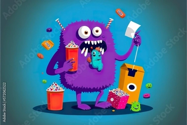 Fototapeta Cartoon monster with sweets flat illustration created with Generative AI 