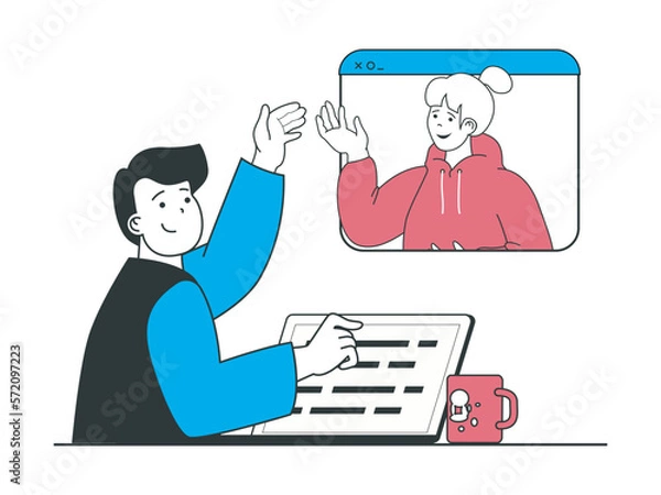 Fototapeta Freelance concept with character situation. Man working on laptop and discusses tasks with colleague at screen in group video chat. Vector illustration with people scene in flat design for web