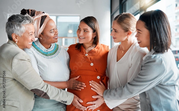 Fototapeta Happy, smile and pregnant woman at her baby shower with her friends to celebrate pregnancy. Happiness, excited and women supporting prenatal female with friendship on maternity leave at office party.