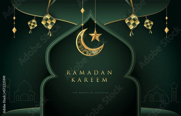 Obraz Ramadan Kareem design on green islamic background with gold ornament stars, moon and ketupats. Suitable for raya and ramadan template concept.