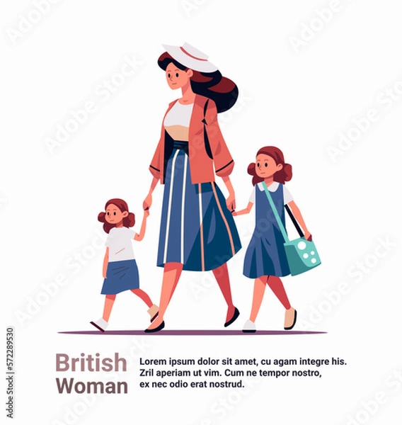 Fototapeta mother and little children walking together british mom taking daughters to school or kindergarten motherhood happy family