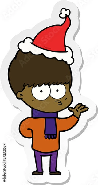 Fototapeta nervous sticker cartoon of a boy wearing santa hat