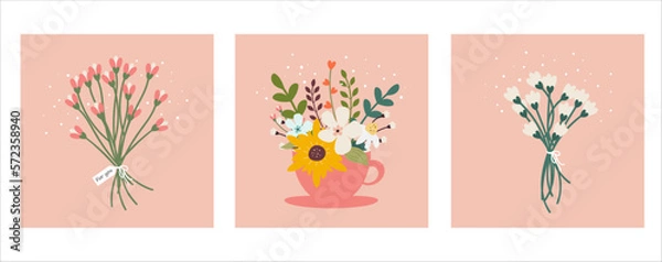 Fototapeta Set of cards with spring flowers, leaves and bouquets. Greeting card, poster, baner .Vector