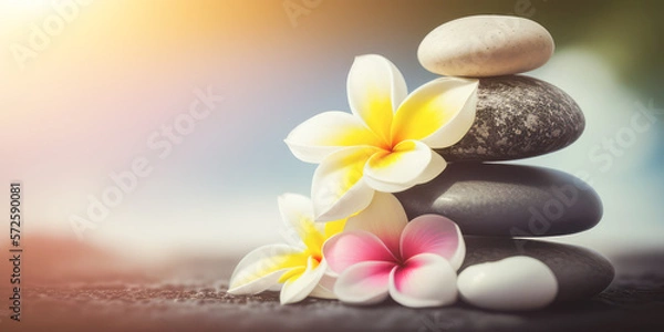 Fototapeta Fleurs de Tiaré Tahiti (Plumeria Frangipanier) et pierres empilées. Bannière zen spa relaxation. Concept Feng Shui. Ambiance salon de beauté massage. Atmosphère calme et reposante. Generative AI