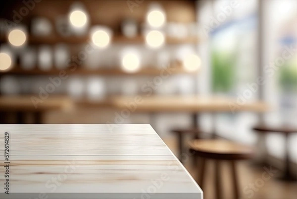 Fototapeta Light Wood Restaurant Table on Blurred Kitchen Background, Cafe Table Mockup, Generative AI Illustration