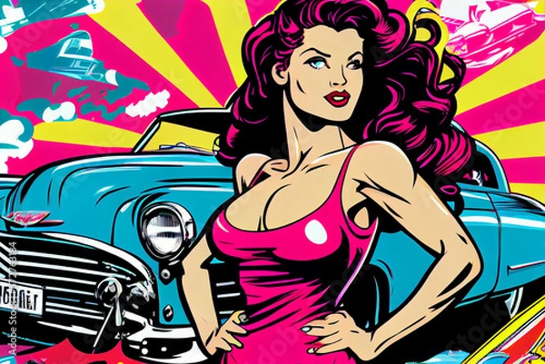 Fototapeta Portrait von sexy Pin-up Girl mit einem Oldtimer im bunten Pop-Art Retro-Comic-Stil - Generative Ai