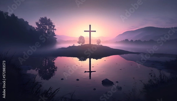 Fototapeta Cross in landscape, cross, church, religion, Christian, Christianity, Easter, sunset, sunrise, Generative AI, Religious art, Christian art, Landscape, Heavenly scene, Spiritual journey, Faith, Belief,