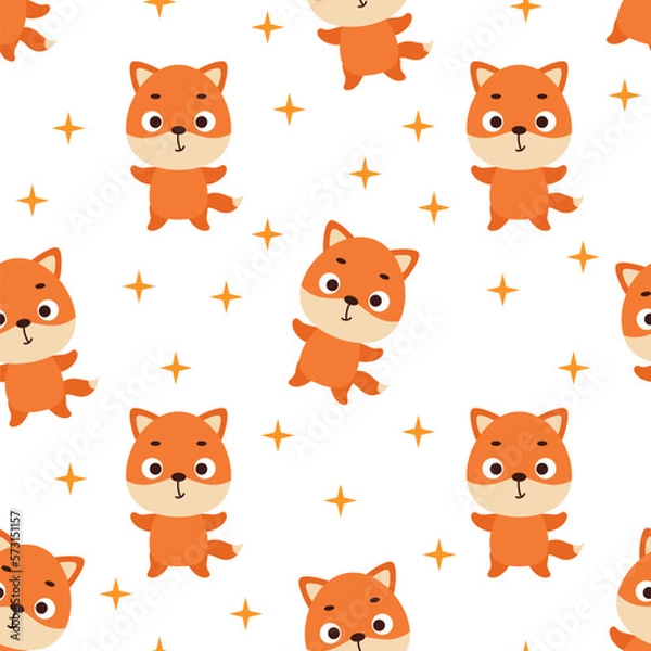 Fototapeta Cute little fox seamless childish pattern. Funny cartoon animal character for fabric, wrapping, textile, wallpaper, apparel. Vector illustration