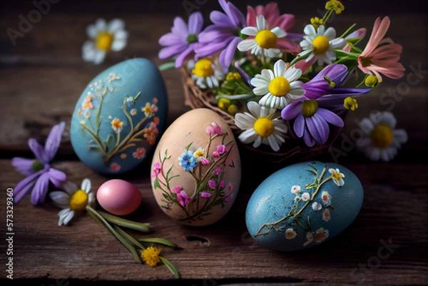 Fototapeta Easter eggs in the wooden basket, decorated with spring flowers, Easter Eggs card, Generative AI