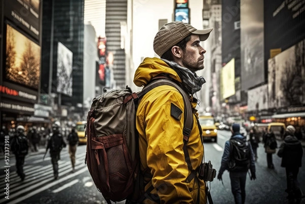 Fototapeta Side view, caucasian man with backpack in yellow jacket standing in the middle of a street in new york. Generative AI. 